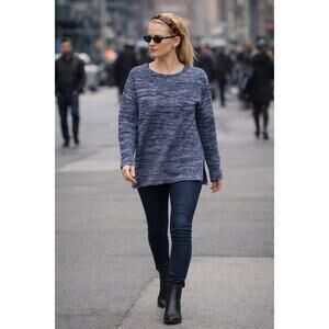 Ellen Tracy Sweater Small Blue Marled Knit Side Slit Casual Soft Top